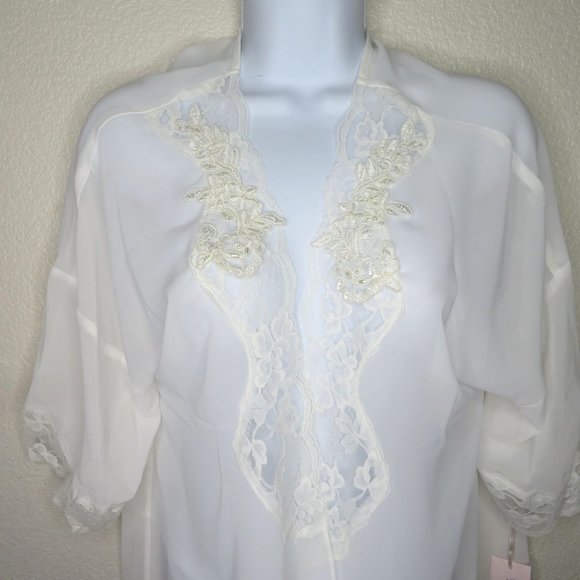 Linea Donatella Sheer Chiffon Open Front Robe S/M White Lace Pearls Knee Length - Picture 3 of 16